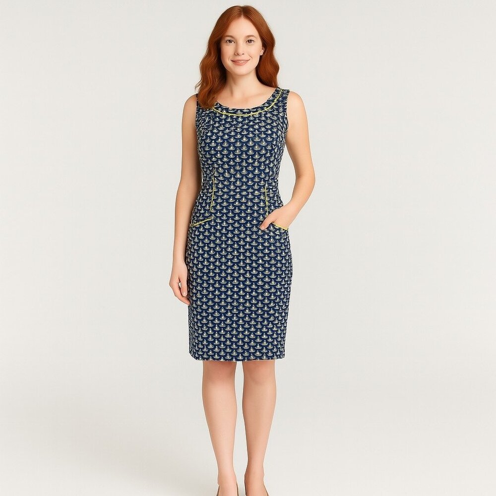 NWOT London Times Sailboat Print Sheath Dress Navy Lime Green Nautical Chic Sz 8